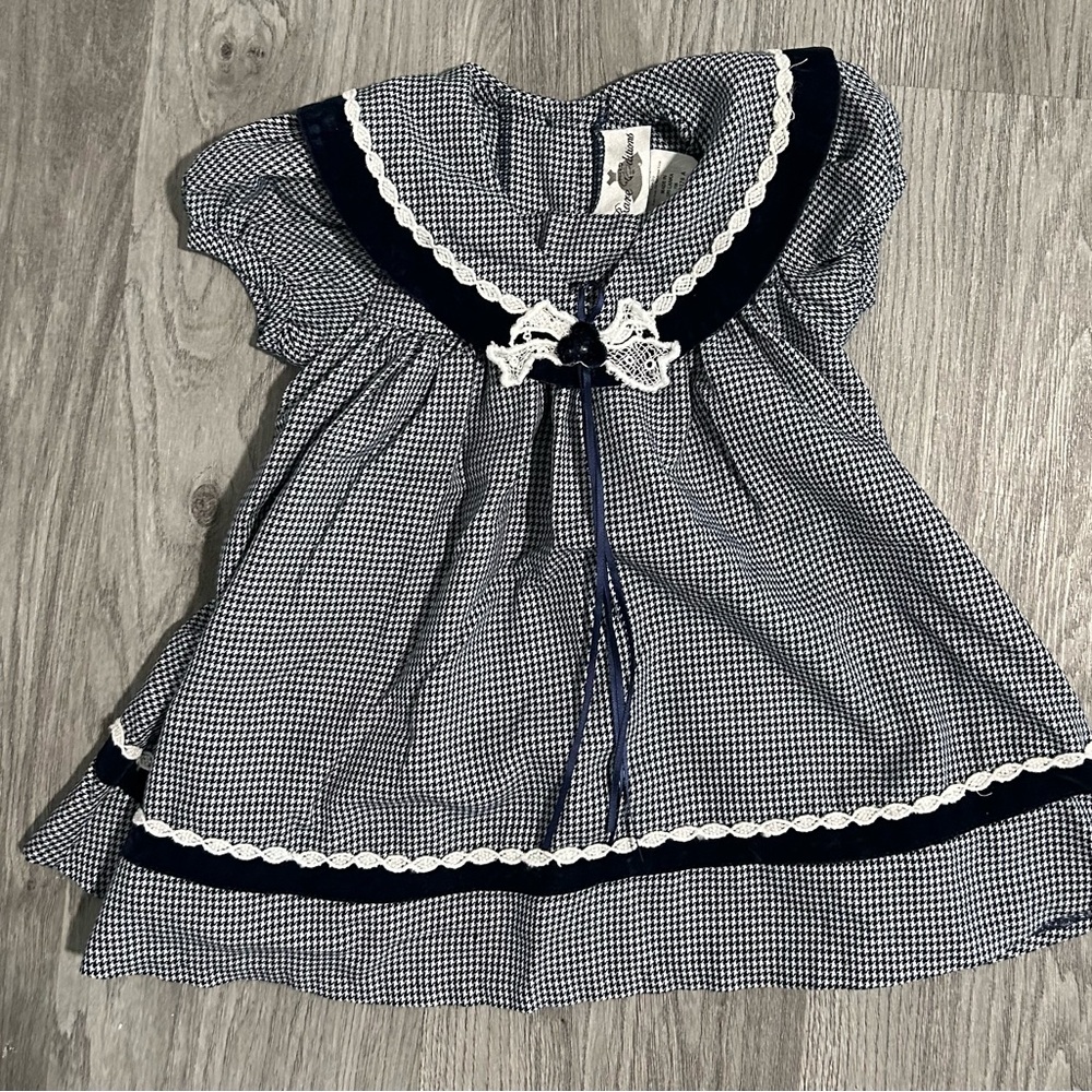 Like NEW 12M Rare Editions Navy & White Gingham Baby Dress with Lace Trim